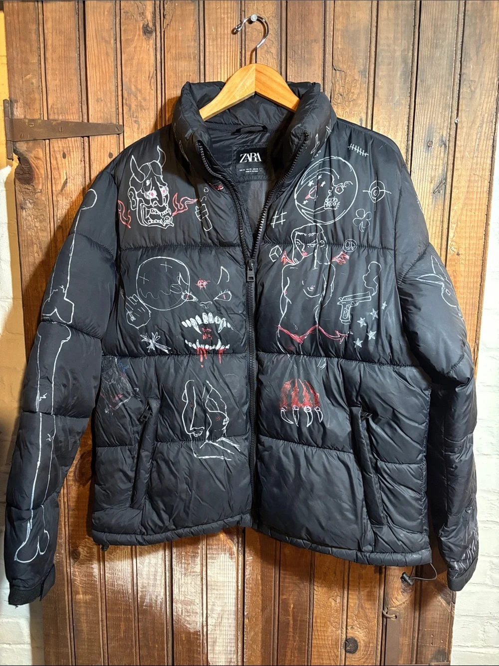 ZARA Black Puffer Jacket with White & Red Custom Painted Graphics
